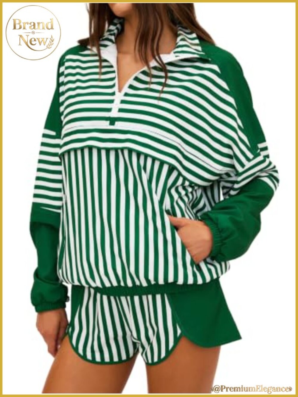 Striped 2 Piece Workout Set Long Sleeve Zip Top & Shorts Activewear